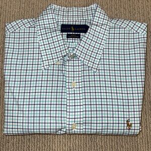 Ralph Lauren Men's Blue Checkered Shirt: Slim‎ Fit Stretch Oxford (Size Large)